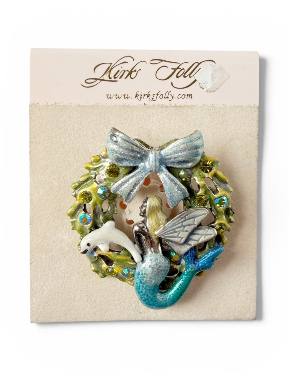 Vintage Kirks Folly Mermaid Dolphin Christmas Wreath Enamel AB Rhinestone Brooch
